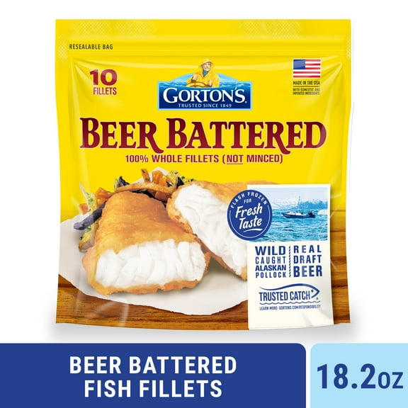 Gorton’s Beer Battered Fish 100% Whole Fish Fillets (Not Minced), Wild Caught Pollock, Frozen, 10 Count, 18.2 Ounce Resealable Bag
