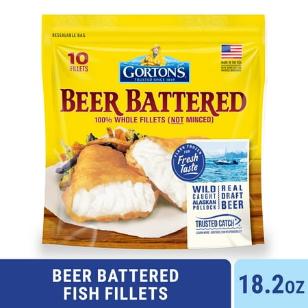 Gorton’s Beer Battered Fish 100% Whole Fish Fillets (Not Minced), Wild Caught Pollock, Frozen, 10 Count, 18.2 Ounce Resealable Bag
