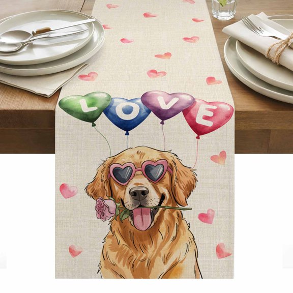 Valentine's Day Table Runner - 70 Inch Long, Kitchen Dining Table Runner Dresser Scarves, Cute Dog Love Balloon Rose Rustic Beige Farmhouse Decor for Coffee Tables Wedding Party Banquet