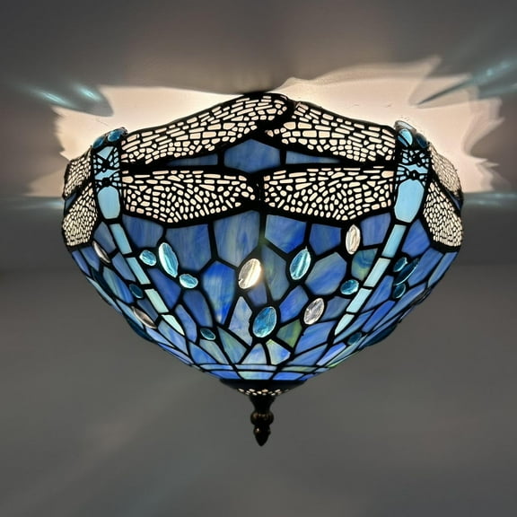 Tiffany Ceiling Lights Fixture Blue Stained Glass Dragonfly LED Bulbs Included 12”W*12”D*8”H