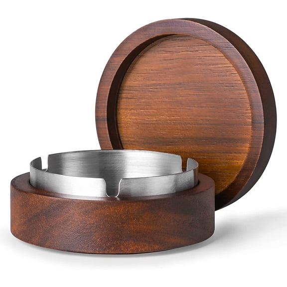 Wooden Ashtray with Lid for Smokers, Stainless Steel Windproof Ash Tray, Valentine's Gift for Him, Cool Durable Ashtray for Indoor & Outdoor Use, Patio, Office, Home, Gifts for Boyfriend