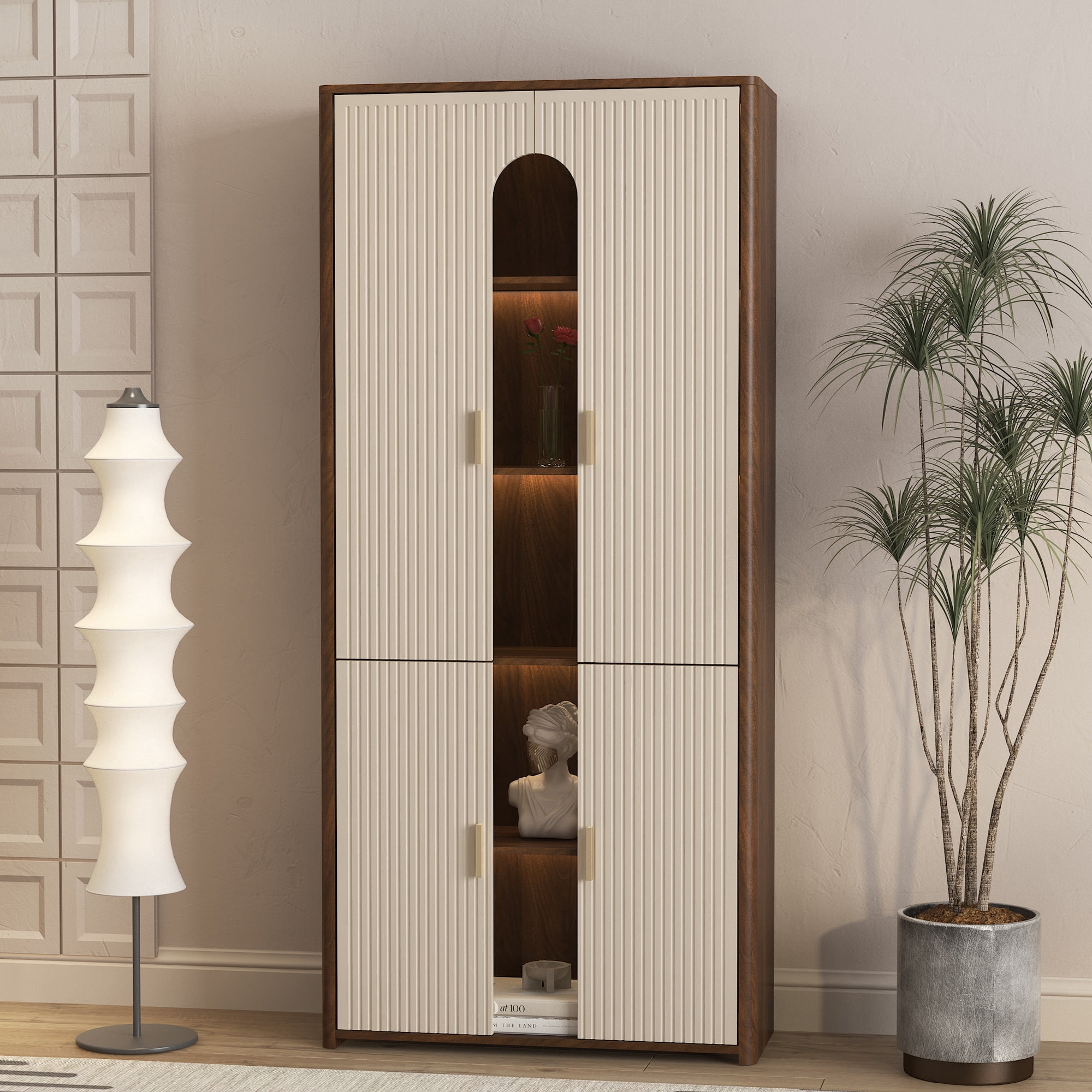Leumius Display Cabinet with Doors,Bookcase with LED Lights, Display Case for Collectibles Bedroom Living Room Office