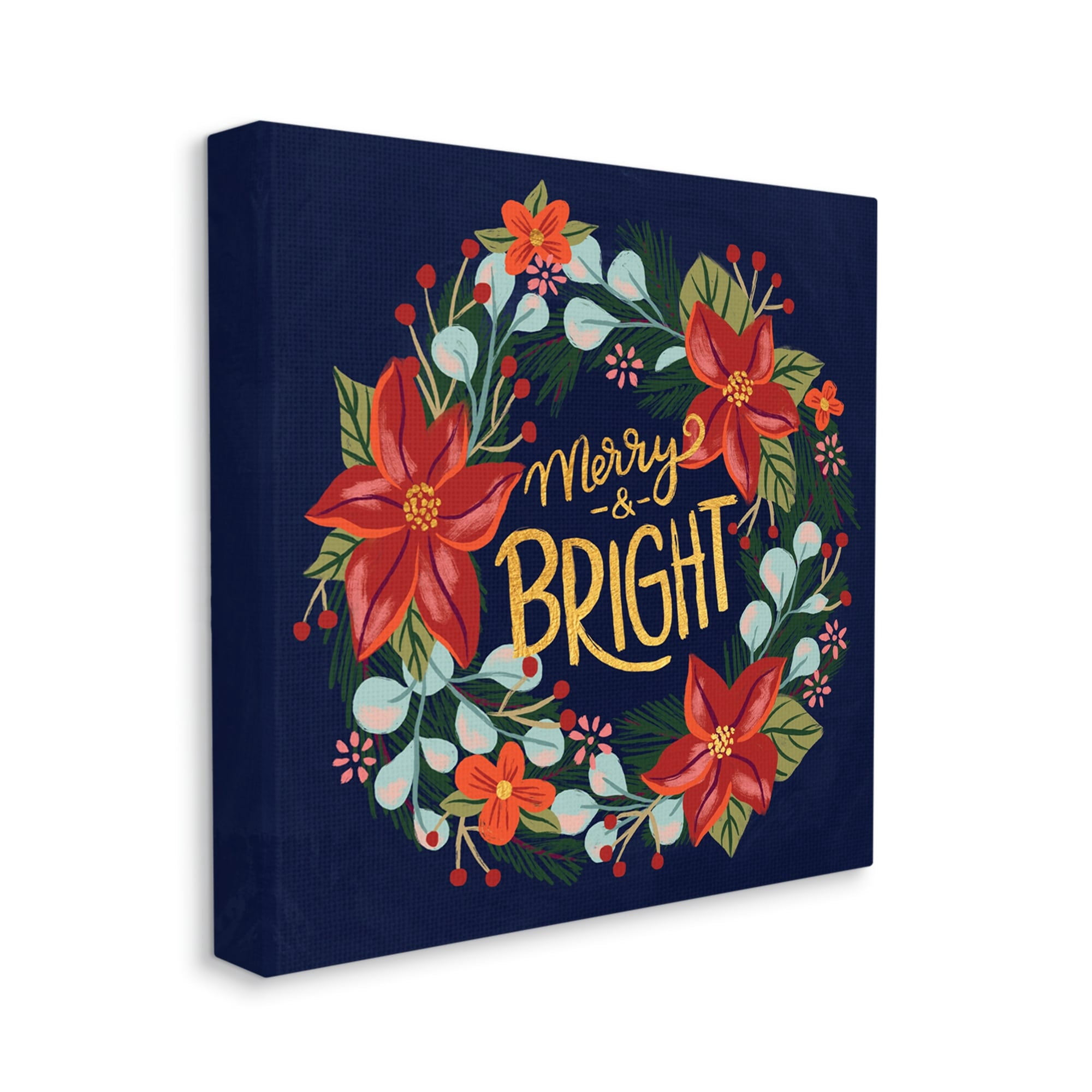 Merry And Bright Calligraphy Floral Poinsettia Wreath Botanical & Floral Graphic Art Gallery-Wrapped Canvas Print Wall Art