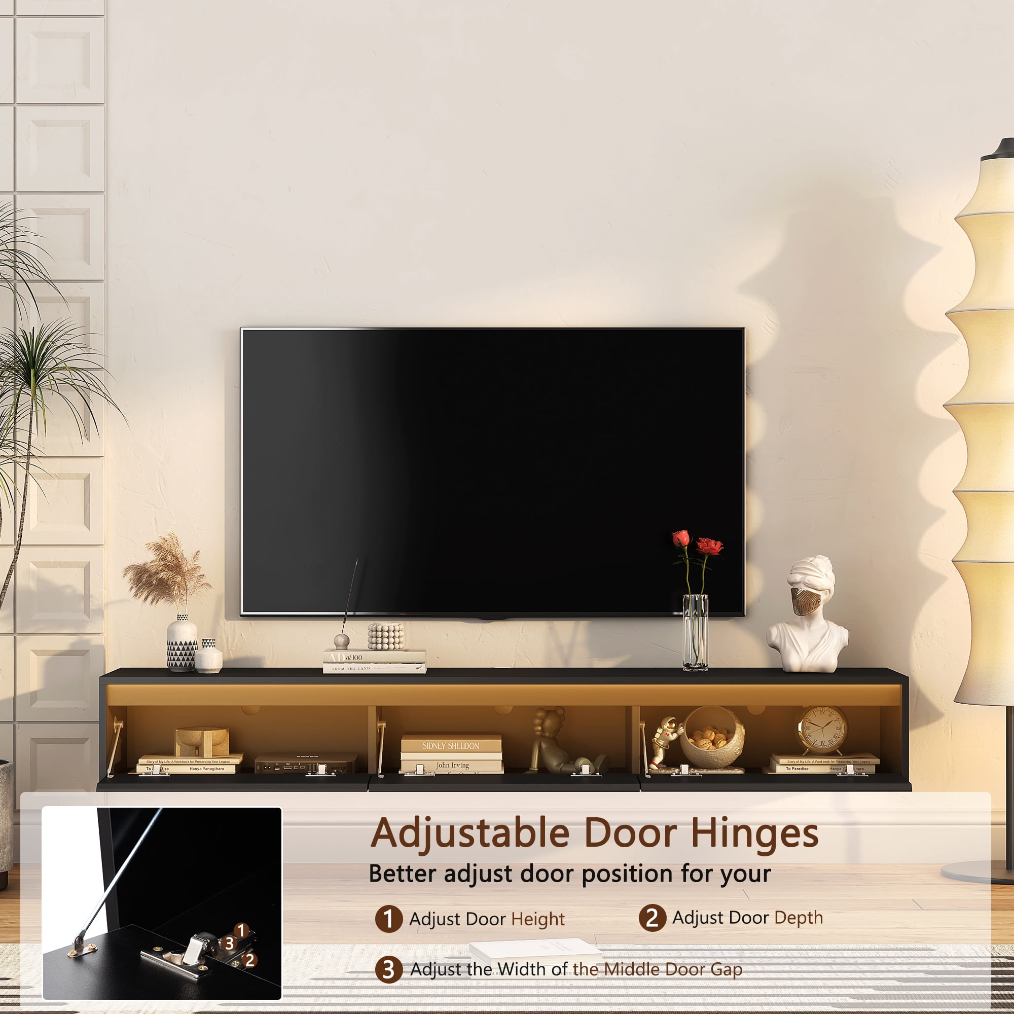 Aukfa Floating TV Stand for TVs up to 65" 70",Wall Mounted TV Shelf High Gloss TV Cabinet,Black
