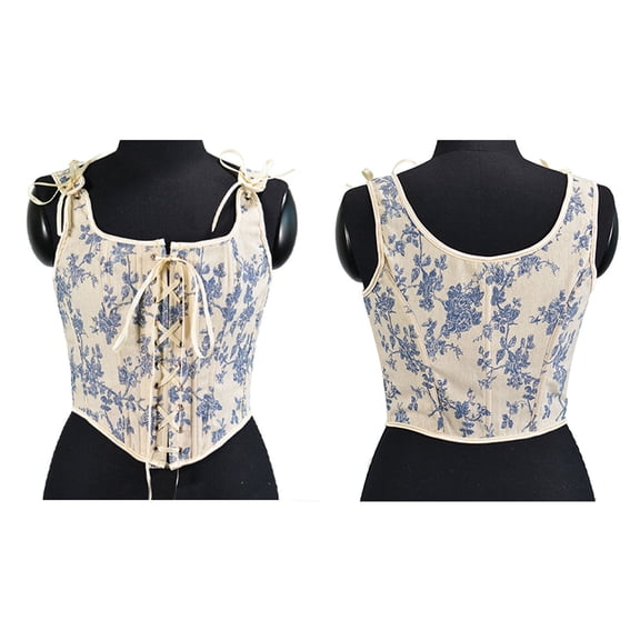 Womens French Retro Lace-Up Boned Corset Vest Short Bustier Comfortable Elegant Shapewear Beige L