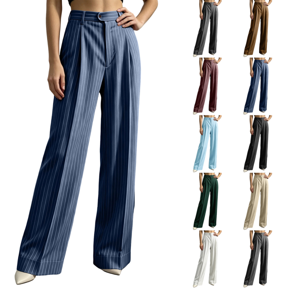 Dress Pants Women High Waisted Wide Leg Casual Stripe Trousers Breathable Stretch Business Dressy Office Pinstripe Slacks L