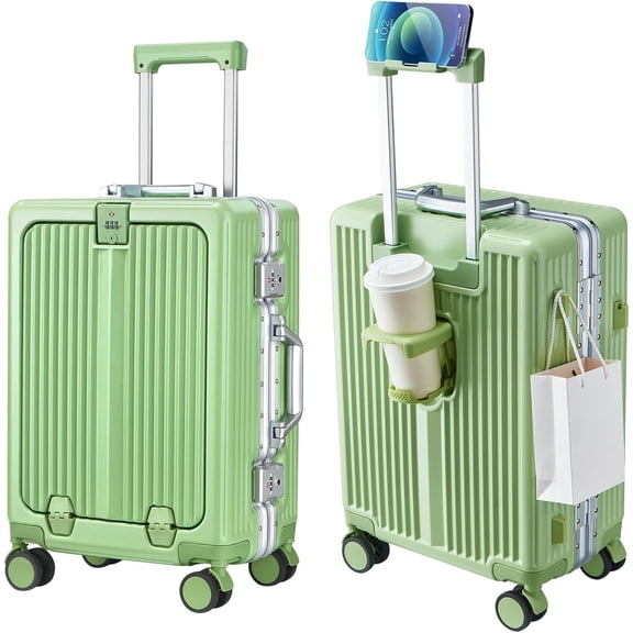24 Inch Carry On Luggage, Hard Shell Lightweight Suitcase with Spinner Wheels, Aluminum Frame Carry On Suitcases with Front Pocket, TSA Lock and Cup Holder for for Men Women Travel - Green