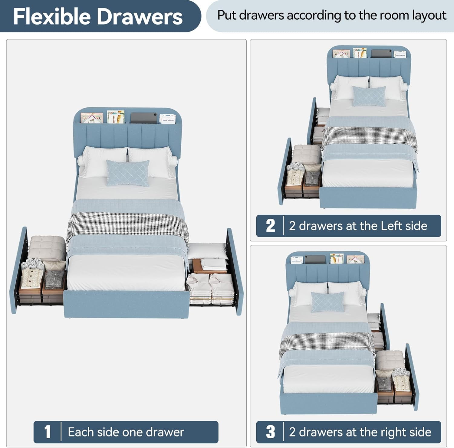 Twin Size Bed Frame with Storage Drawers & Bookcase Headboard, Boucle Platform Bed, Noise-Free, No Box Spring Needed, Blue