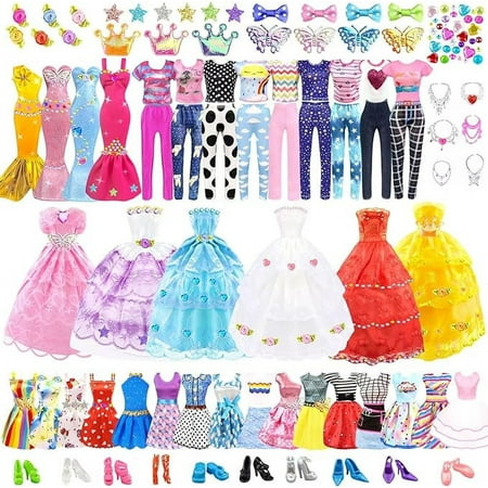 75Pcs Doll Clothes and Accessories Fashion Design kit for 11.5 Inch Doll Dress Up Including 2 Wedding Gown Dresses 1 Fashion Dress 2 Party Dress 8 Mini Dresses 3 Tops and Pants 10 Shoes 6 Necklaces