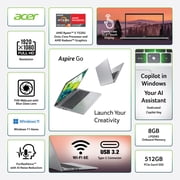 Acer Aspire Go 15.6 FHD IPS Touch Screen Laptop, AMD Ryzen 5-7520U, 8GB RAM, 512GB SSD, Pure Silver, New