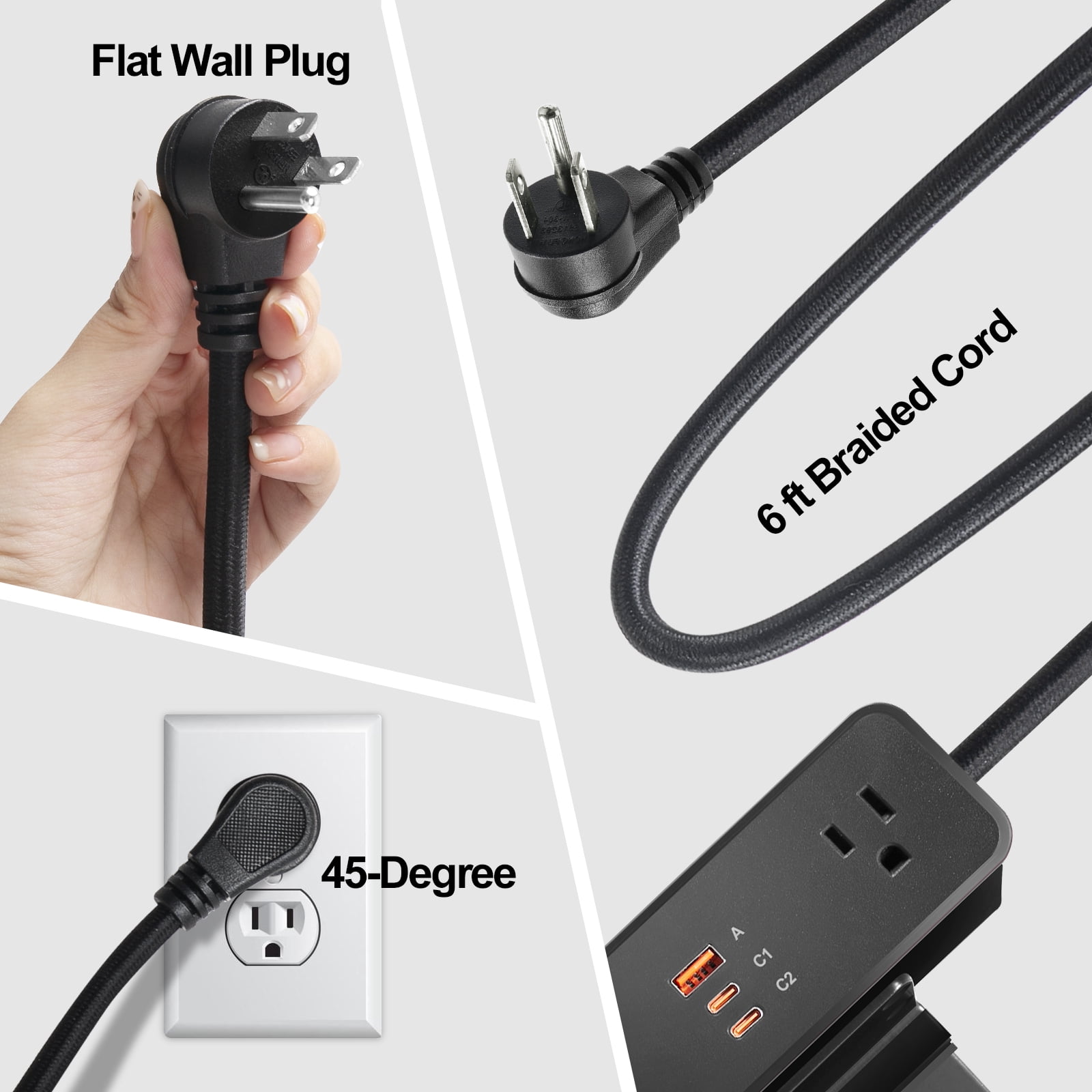 Desk Clamp Power Strip USB C 100W, Desktop Edge Mount Fast Charge Station 3 PD USB Port 2 AC Outlets 6ft Braided Extension Cord Flat Plug Fit Max 3.26’’ Tabletop Edge for Gaming Office Table