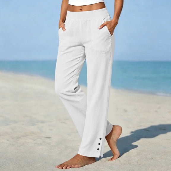 Women High Waisted Trousers Cotton and Linen Casual Lightweight Fashion Button Pants Business Work Pant with Pockets White M