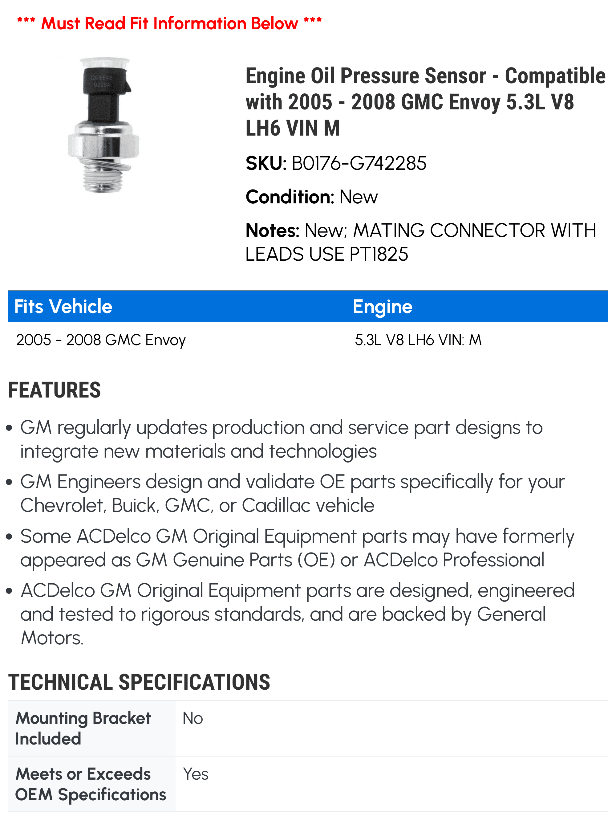 Engine Oil Pressure Sensor - Compatible with 2005 - 2008 GMC Envoy 5.3L V8 LH6 VIN M - AC Delco