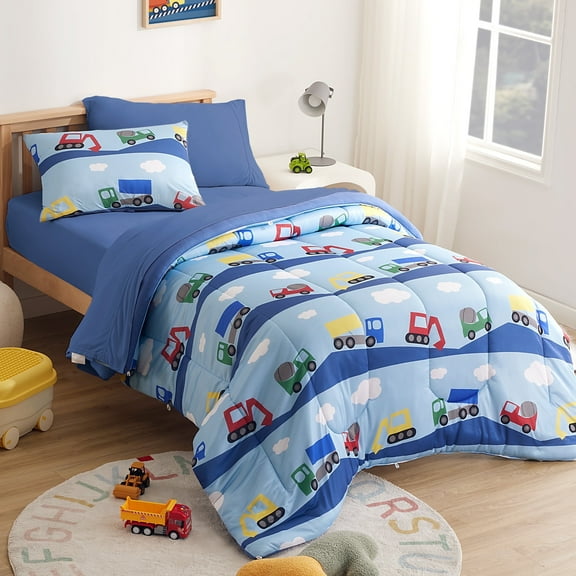 Sleep Zone Full/Queen Size Comforter Set for Children, Durable Jersey Knitted Bedding for All Seasons with 1 Comforter(66"x90"), 2 Pillow Cases(20"x26") (Bulldozers,Full/Queen)