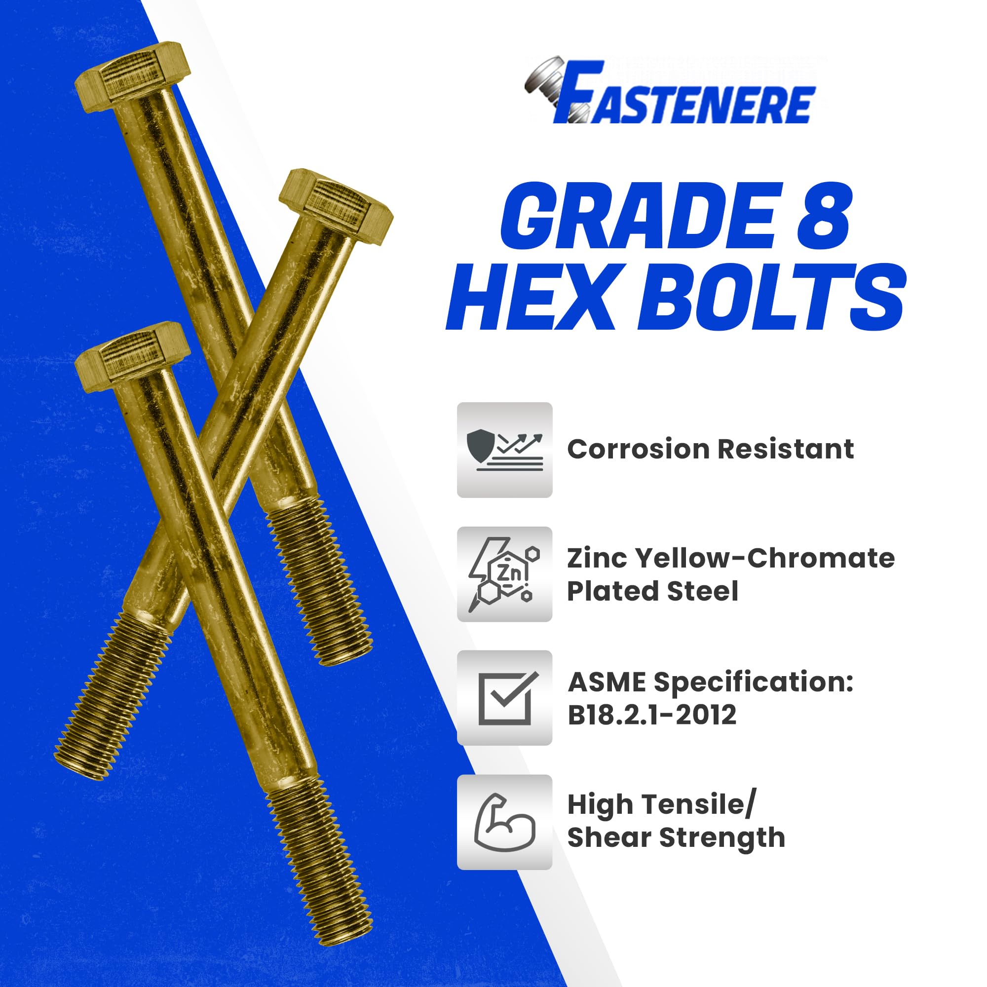 Fastenere 5/16"-24 x 3-1/2" Hex Bolts Grade 8 Zinc Yellow-Chromate Plated Steel, Partial Threaded Durable Hex Bolts for Machinery & Construction, Rust-Resistant, Heavy-Duty Fasteners, Pack of 10