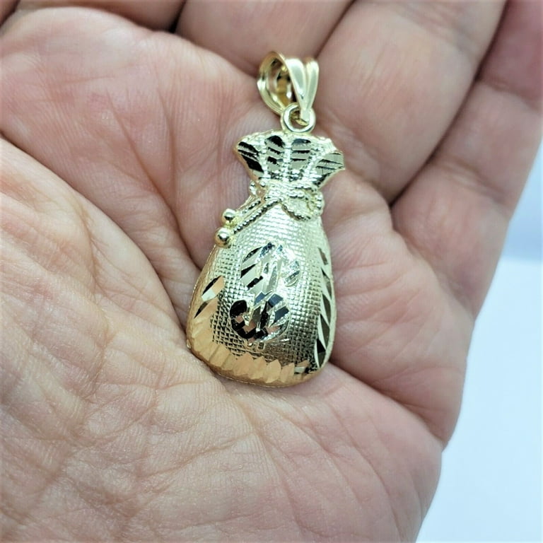 10K Solid Yellow Gold Money Bag with Dollar Sign Pendant