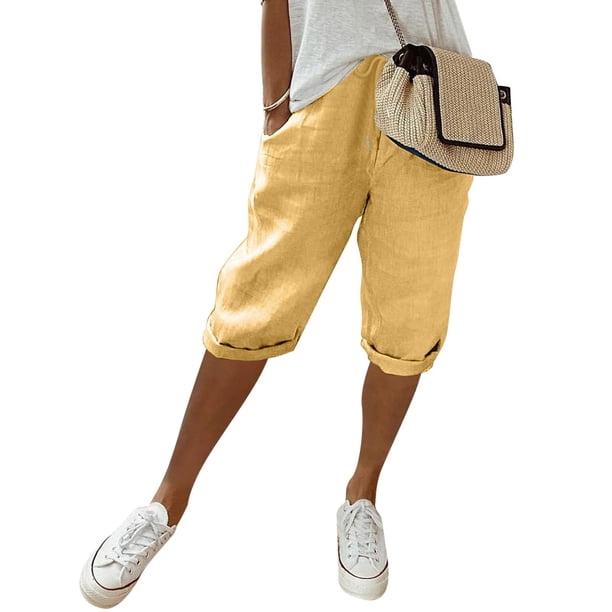 MKLEKYY Pantalones Cortos Para Mujer, Moda Femenina, Lisos, Con Bolsillos Grandes, Elásticos, Casuales, Capris Con Bolsillos