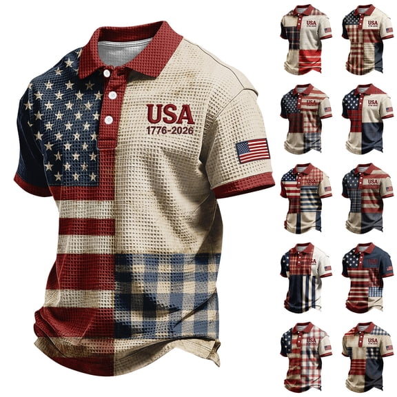 Men's USA 250th Anniversary Polo Shirt with Patriotic Flag and Plaid Patchwork Featuring Short Sleeves and Classic Collar Beige L
