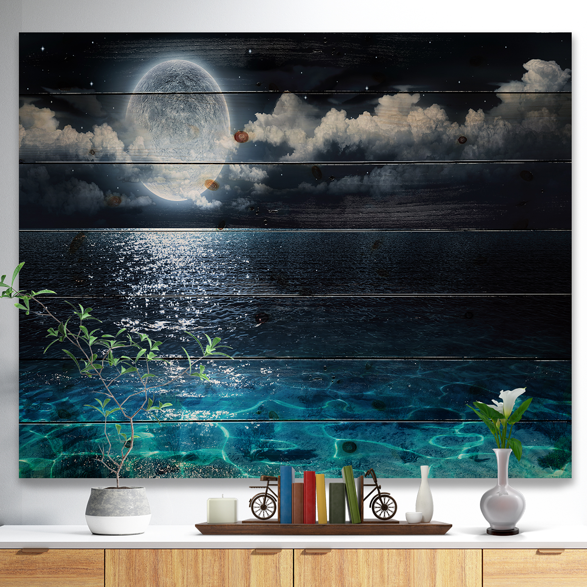 Designart 'Romantic Full Moon Over Sea' Seascape Print on Natural Pine Wood