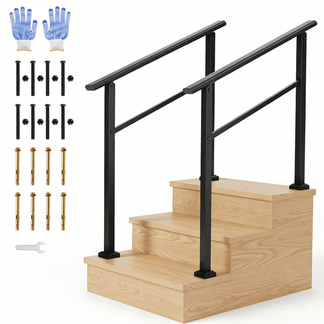 Ensemble de Main Courante d'Escalier Extérieur et Intérieur à 3 Marches – Rambarde en Aluminium Noir avec Poteaux en Fer, Barre de Sécurité Conforme ADA, Résistant à la Corrosion, Installation Facile – 3 Marches / Lot de 2 / Noir