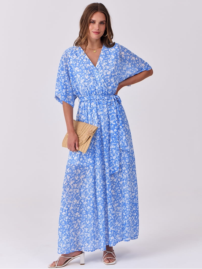 ANRABESS Womens 1/2 Sleeve Beach Wedding Guest Maxi Dresses 2026 Summer Wrap V Neck Boho Floral Flowy Slit Long Dresses white Floral print Medium