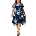 thumbnail image 1 of Vestido midi de mujer de talla grande con lunares, mangas cortas, dobladillo asimétrico, cintura con lazo y falda acampanada en azul y blanco, talla 2X, 1 of 6