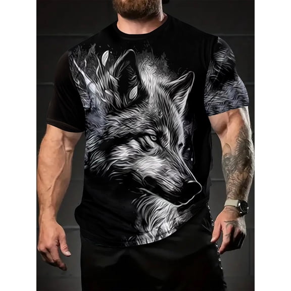 Men's Trendy Fashion Short Sleeve Wolf Head Digital Print T-Shirt Comfortable Casual Sports T-Shirt Slightly Stretchy Outdoor Clothing