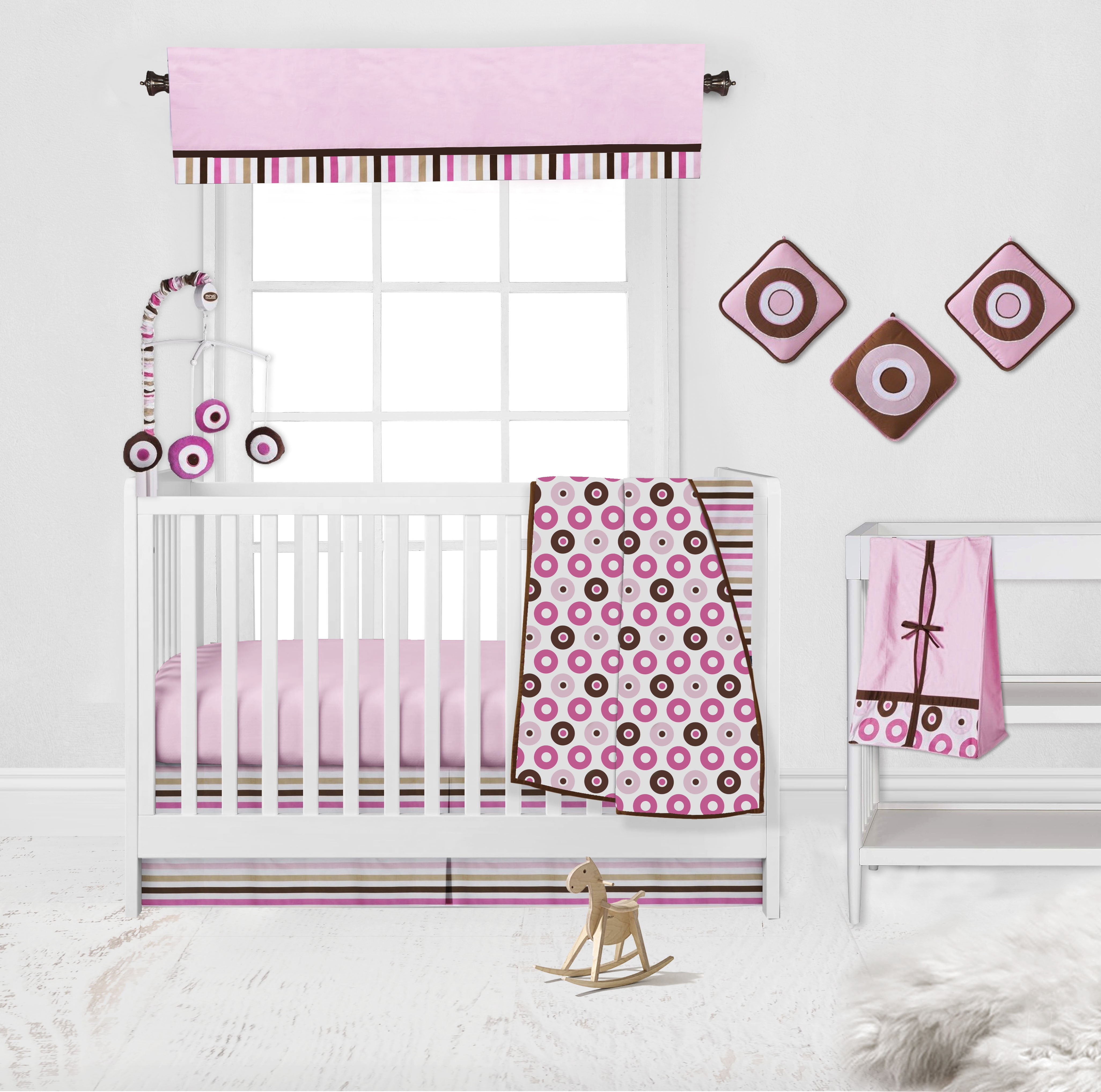 Bacati - Mod Dots/Stripes Pink/Beige/Fuchsia/Chocolate Musical Baby Crib Mobile