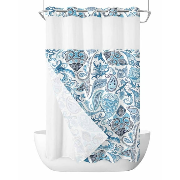 No Hook Cloth Fabric Shower Curtain with Snap in Liner, Blue Paisley Waterproof Shower Curtains Set with See Through Top Window, Ethnic Abstract Art Vintage Bath Curtains Shower 36"x72"