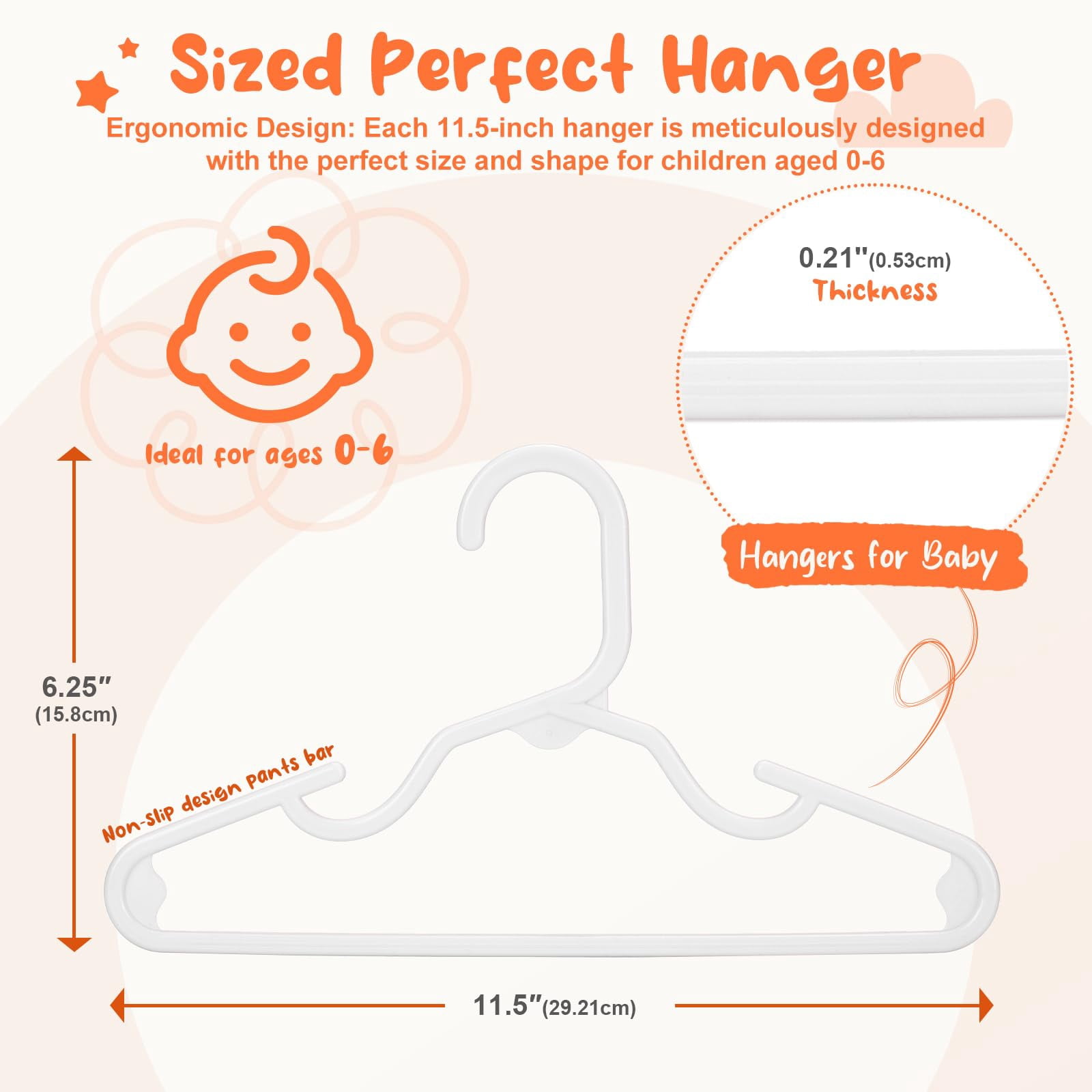 ACSTEP Baby Hangers 60 Pack, 11 inch Kids Plastic Hangers, Non-Slip Clothes Hangers for Nursery Closet Pants Shirts Outfit Onesie, White