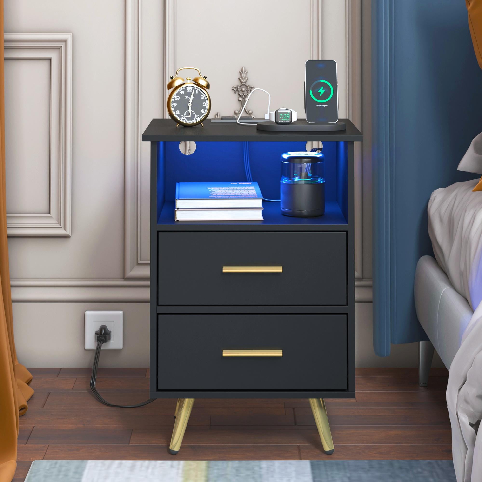 UHOMEPRO Black Nightstand with Charging Station, Bedside Table with LED Lights Strips, Modern End Side Table, Versatile Nightstand with Drawers, Side Table for Home and Office