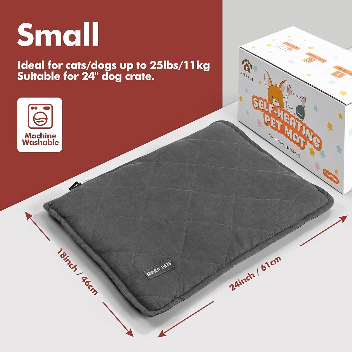 Self Warming Cat Bed Washable Cover And Non Slip Bottom Self Heating Pet Pad for Cats And Small dogs, Gray, 24inch