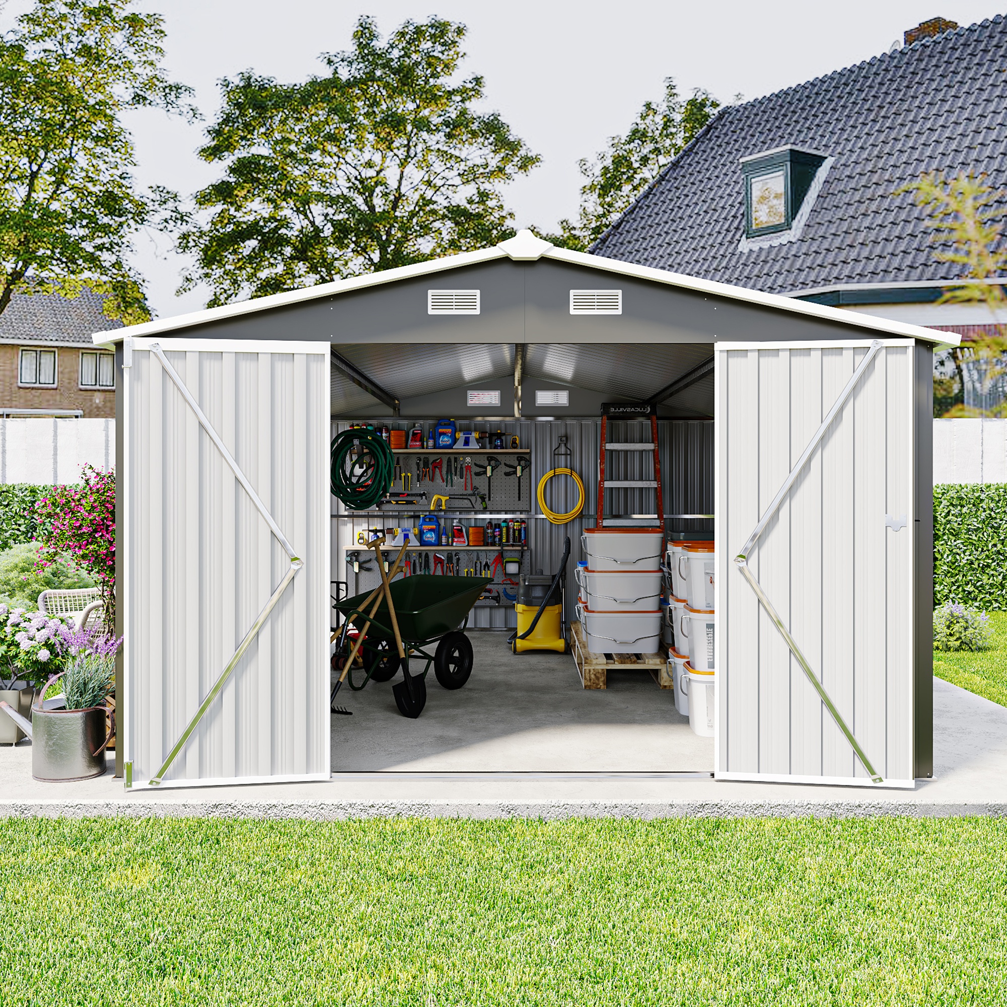10 x 14 FT Outdoor Storage Shed, Large Metal Storage Sheds with 3 Lockable Door and 4 Air Vent, Surface Protective Film, Garden Tool Shed for Bicycles, Tools, Lawnmowers, Backyards, Patios, Lawns
