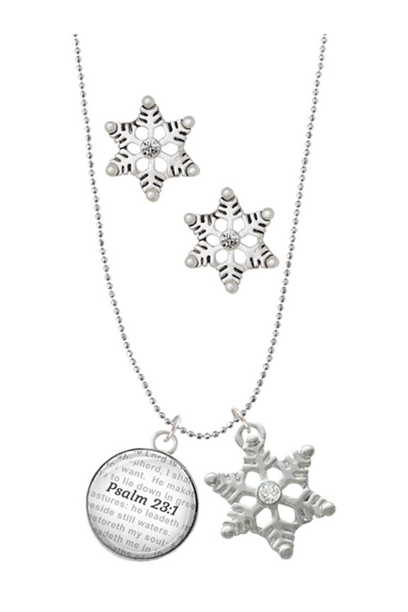 Silvertone Domed Psalm 23:1 Silver tone Snowflake Charm Necklace and Stud Earrings