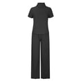 thumbnail image 4 of Idoravan Women Sets Clothing Clearance Women Casual Solid Slimming High Collar Short Sleeve Round-neck Blouses Sets, 4 of 5