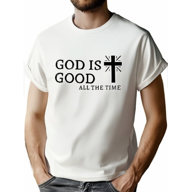 1pc Men'S Casual Crew Neck T-Shirt with "God is Good All The Time" Print, Slight Stretch, Regular Fit, Summer Fashion Top