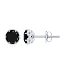 Rosec Jewels Lotus Basket Set Black Spinel Solitaire Stud Earrings with Diamond Accent, 925 Sterling Silver