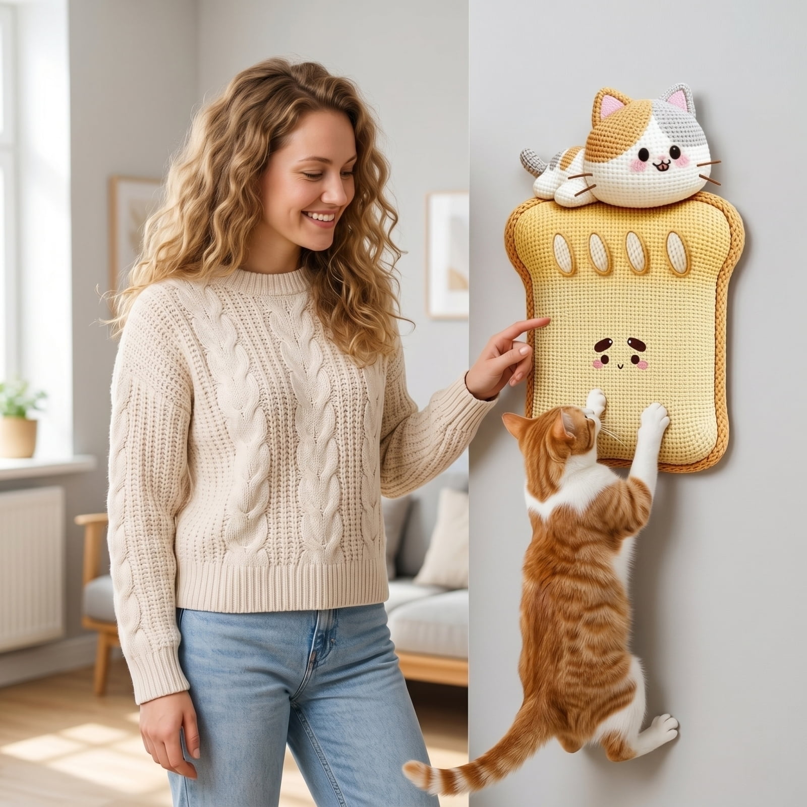 Cat Scratcher Mat 32 Inch Cat Scratching Pad Stuffed Plush Cat Scratcher Bed for Indoor Cats Interactive Kitten Scratcher Protect Furniture Cute Cat Accessory 1 Pack