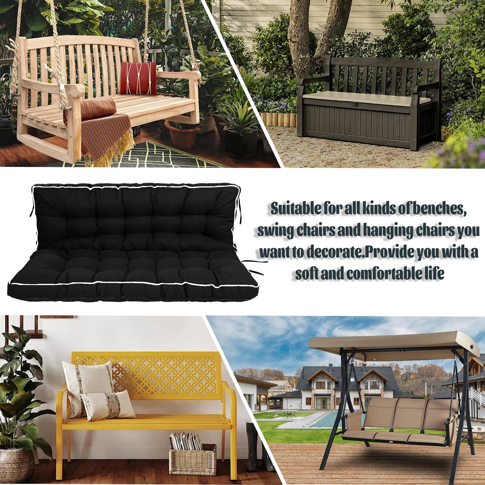Replacement Cushions for Outdoor Swing, Swing Replacement Cushions Thicken 4" with Backrest, Waterproof Bench Cushions for Patio Furniture Porch Swing Cushions (Black)