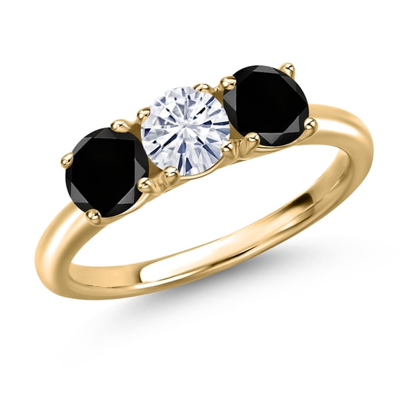 Gem Stone King 10K Yellow Gold White Moissanite and Black Diamond Engagement Ring for Women | 1.60 Cttw | Round 5MM | Gemstone Birthstone | Size 8