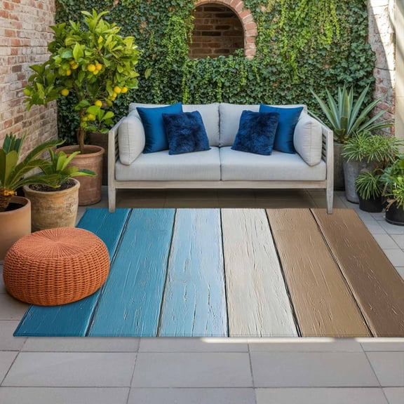 Outdoor Rug 3x5 ft Blue Brown Wood Grain Outdoor Large Area Rug Non Slip Rubber Farm Wooden Front Door Mat RV Rug Camping Carpet Patio Outdoor Rugs for Backyard Balcony Deck Porch Indoor