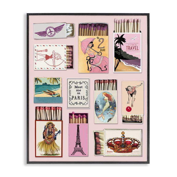 Stupell Industries Art Deco Vintage Travel Matchbook Montage Black Framed Giclee Art, 11 x 14, by CAD Designs
