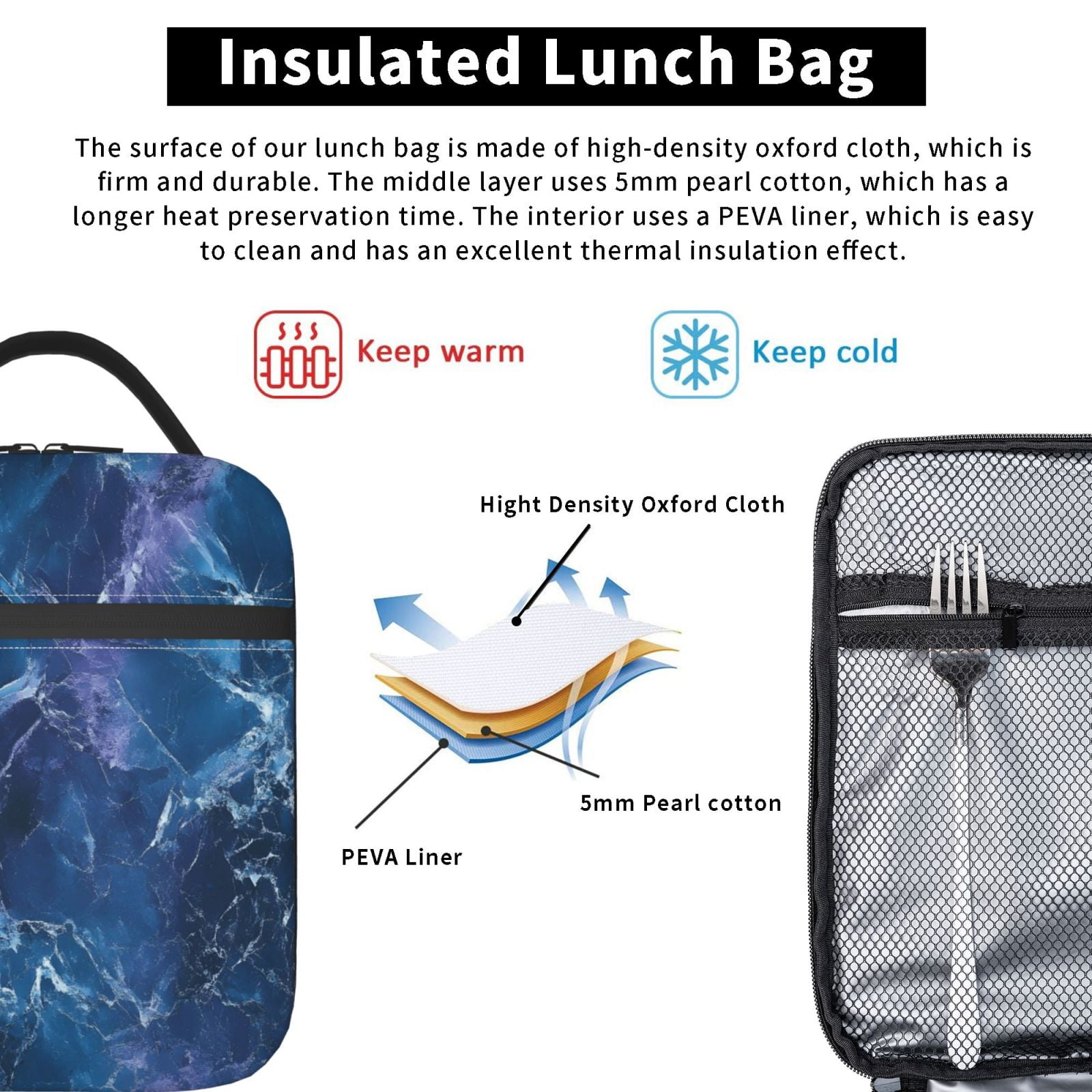 Lunch Bag For Women Men Insulated Portable Lunch Box Bento Box Office Picnic Travel Cooler Bag Blueviolet Marble_2