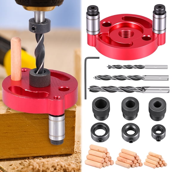 41PCS Self Centering Drill Guide Jig Aluminum Alloy Straight Hole Punch Locator Precise Wood Panel Drill Locator with 30 Wooden Dowel for Woodworking DIY
