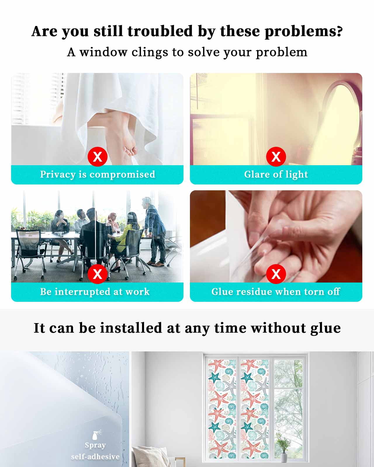 Window Privacy Film, Teal Green Coral Sun Blocking Window Tint Film Heat Control One Way Blackout Window Film, Spring Summer Coastal Starfish Beach Nautical Conch Non Adhesive Static Cling 17.7x78.7