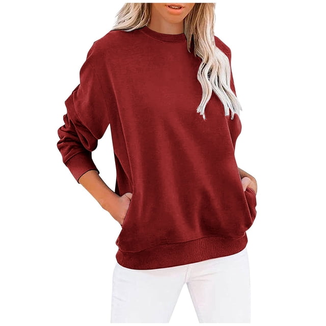 AherBiu Chandail en Molleton pour Femmes Tendance Col Rond Pull d'Automne Hauts Amples Confortables avec Poches