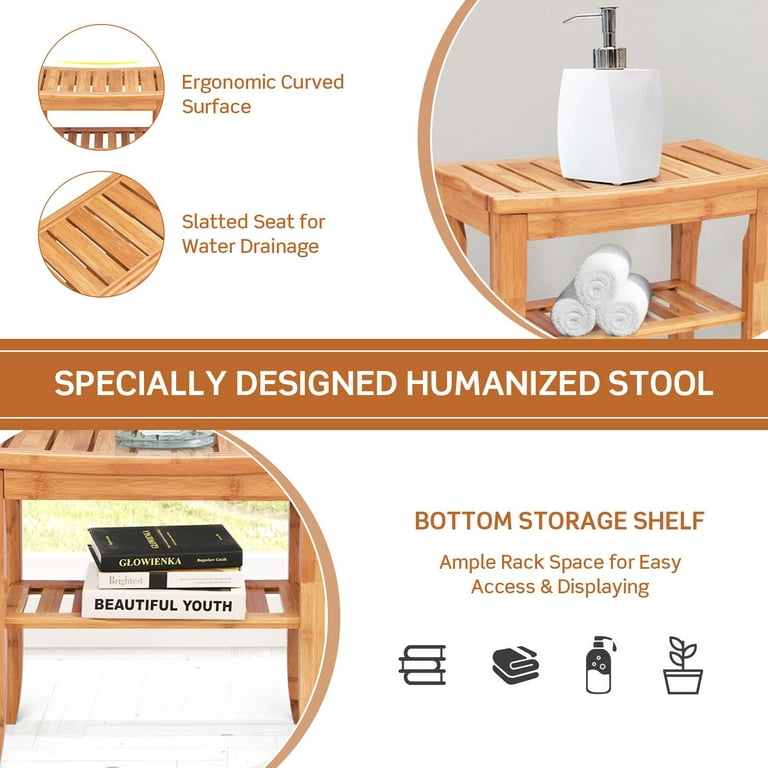 ETECHMART Bamboo Corner Shower Stool for Shaving Legs Foot Rest, Waterproof  Bath Bench Seat with Storage Shelf and Soap Dish for Bathroom Inside