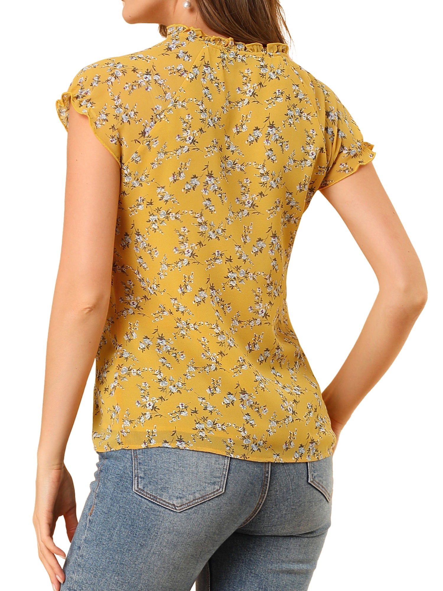 DARING DIVA Women's Ruffle V Neck Cap Sleeve Chiffon Floral Blouse Top XS Yellow