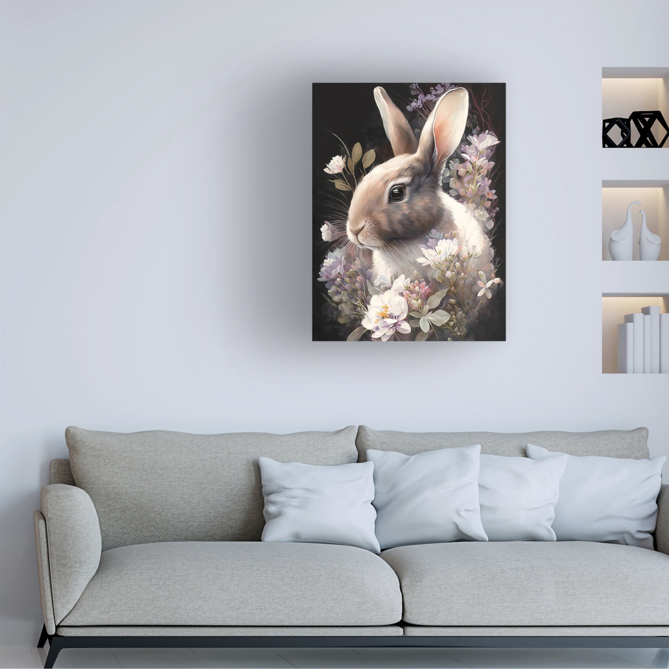 Canvas Wall Art - Bilge Paksoylu 'Rabbit And Flowers 3' Wall Art for Living Room, Bedroom, or Office Décor by Trademark Fine Art - 35 x 47 Inches
