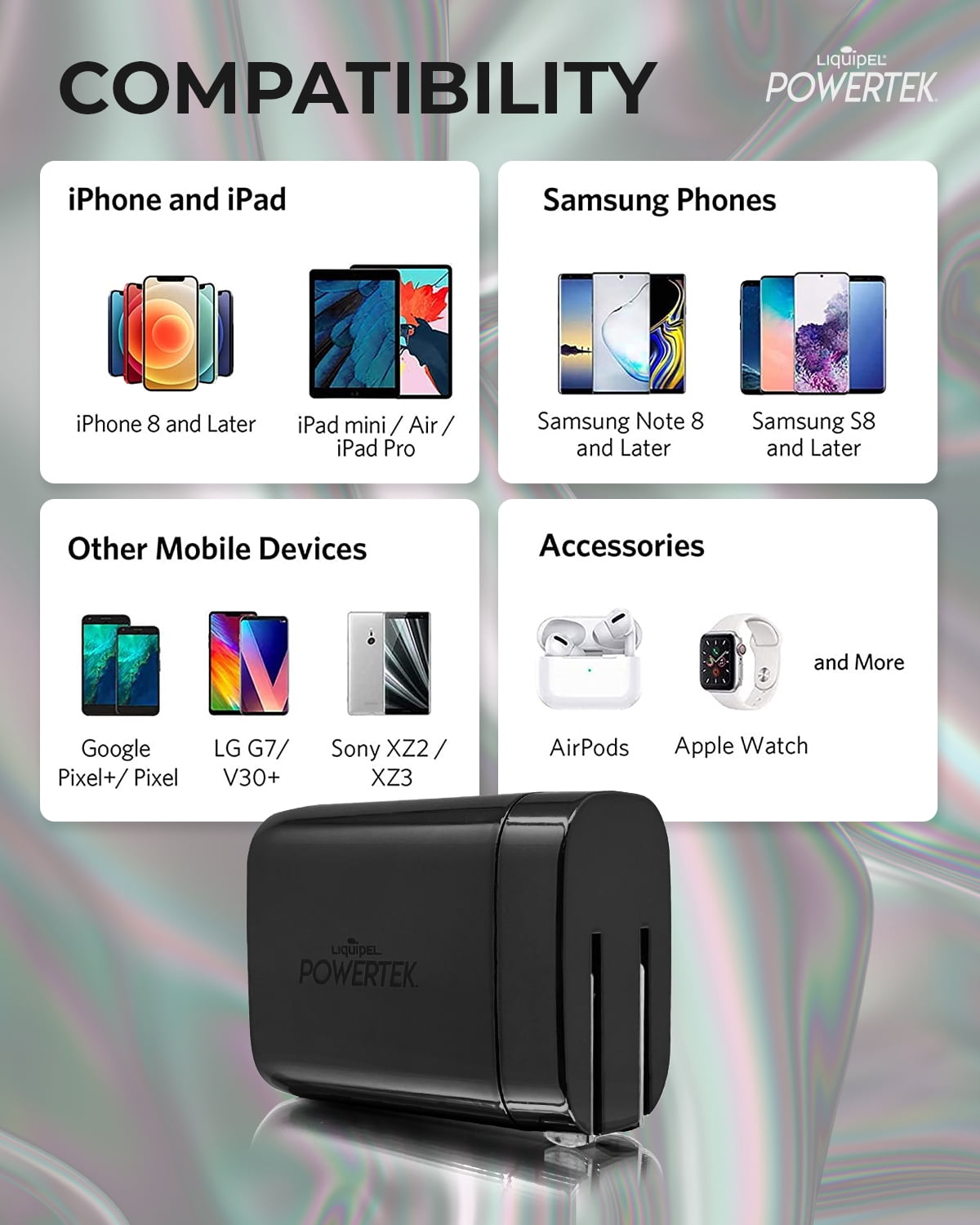 Liquipel Powertek 38W PD USB C 20W and USB A 18W Dual Port Wall Charger, Fast Charging Phone Wall Block Power Adapter Cube and Foldable Plug, Compatible with iPhone, iPad, iWatch, Galaxy, Android